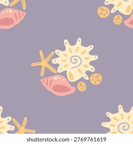 Nautical seamless pattern with sea shells and starfish in geometric grid. Lavender sun bleached vector background in clean symmetric style. Trendy repeating graphics for unisex kids textile and fabric