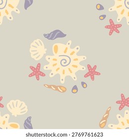 Nautical seamless pattern with sea shells and starfish in geometric grid layout. Sage green sun bleached vector background in clean symmetric style. Repeating graphics for unisex kids textile design