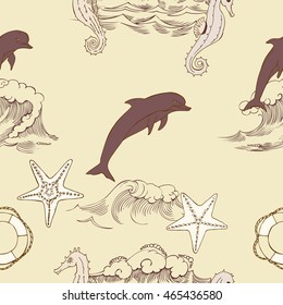 Nautical seamless pattern with  seahorses and  dolphins. Hand drawn elements for summer holidays. Travel, sea and ocean. Vector Illustration