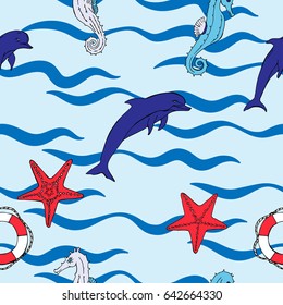 Nautical seamless pattern with  seahorses and  dolphins. Hand drawn elements for summer holidays. Travel, sea and ocean. Vector Illustration