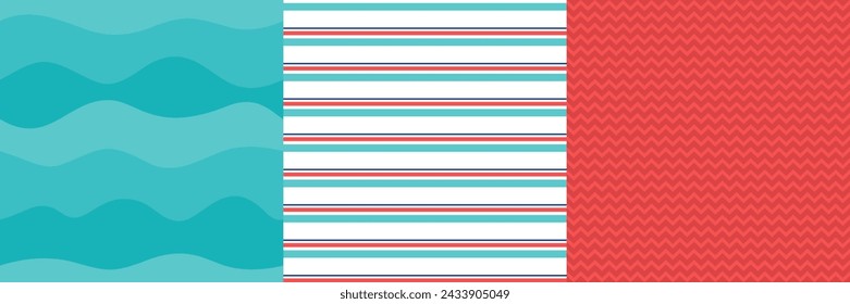 Conjunto de patrones sin costura náutica. Colección de fondo de vector de impresión de verano de diseño repetido marino. Rayas, chevron, ondulado. Rojo, azul, verde azulado, rayas y olas. Mezclador de diseño repetitivo de playa con patrón inconsútil.