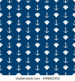 Nautical seamless pattern with shells and anchors on blue background. Ship and boat steering wheel ornament. Marine wallpaper with rudder. Summer vector flat illustration.
