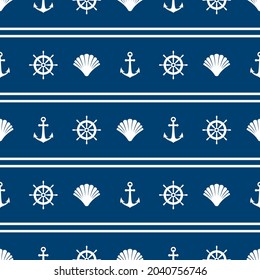 Nautical seamless pattern with shells and anchors on blue background. Ship and boat steering wheel ornament. Marine wallpaper with rudder. Summer vector flat illustration.