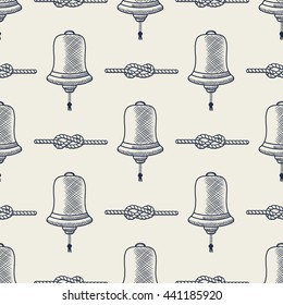 Nautical seamless pattern with ship bell and rope elements. Navy rope and marine knots striped in blue and white colors, vector. Sketching, handdrawn style. Cute Sketch design.