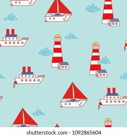 Nautical seamless pattern with ship, boat and lighthouse