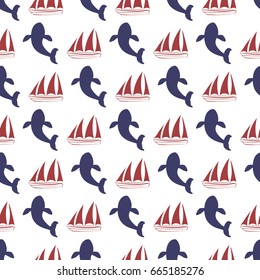 Nautical seamless pattern with ship and whale.  Vector illustration