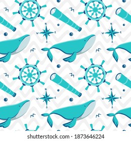 Nautical Seamless Pattern with Ship Wheel, Sea Binoculars, Whale, and Cardinal Direction. You can use this design to create poster, tshirt, pillow, tote bag, pouch, phone case, etc.
