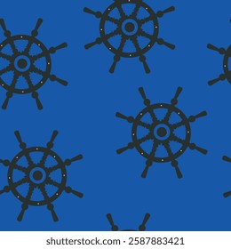 "Nautical seamless pattern with ship wheel on blue background. Vector graphics for endpapers, books, postcards, packaging, wrapping paper, textile.