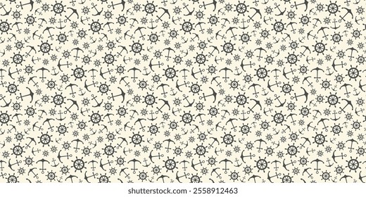 Nautical seamless pattern with ship wheels and anchors