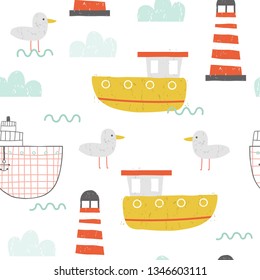 Nautical seamless pattern with ships and lighthouse. Kids hand drawn print. Vector illustration.