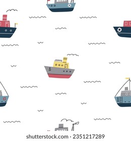 Nautical seamless pattern with ships on white background. Modern design for clothes, fabric, paper, cover, interior decoration. Vector texture.