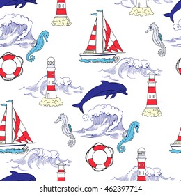 Nautical seamless pattern with ships  seahorse and dolphins. Hand drawn elements for summer holidays.Travel, sea and ocean. Vector Illustration