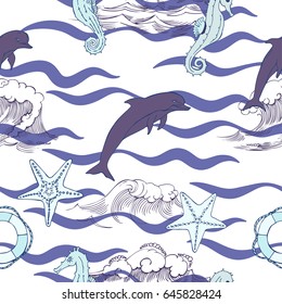 Nautical seamless pattern with ships  seahorse and dolphins. Hand drawn elements for summer holidays.Travel, sea and ocean. Vector Illustration