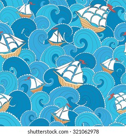 Nautical seamless pattern. Ships and waves background. Cartoon sea pattern.