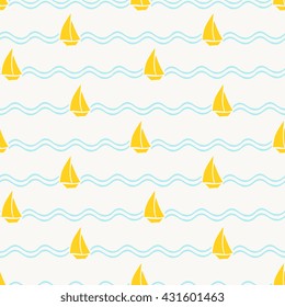 Nautical seamless pattern with ships and waves in yellow and blue on cream background.