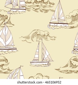 Nautical seamless pattern with ships and waves. Hand drawn elements for summer holidays. Travel, sea and ocean. Vector Illustration