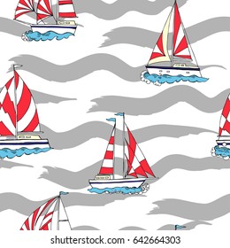 Nautical seamless pattern with ships and waves. Hand drawn elements for summer holidays. Travel, sea and ocean. Vector Illustration