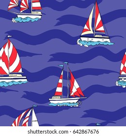 Nautical seamless pattern with ships and waves. Hand drawn elements for summer holidays. Travel, sea and ocean. Vector Illustration