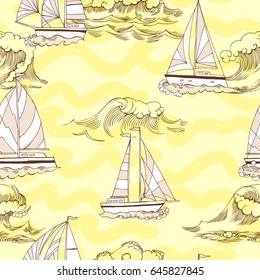 Nautical seamless pattern with ships and waves. Hand drawn elements for summer holidays. Travel, sea and ocean. Vector Illustration