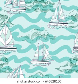 Nautical seamless pattern with ships and waves. Hand drawn elements for summer holidays. Travel, sea and ocean. Vector Illustration