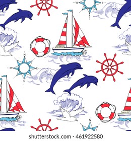 Nautical seamless pattern with ships and wheel, seahorse, sailing boats,  dolphin and sea knots. Hand drawn elements for summer holidays.Travel, sea and ocean. Vector Illustration