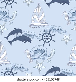 Nautical seamless pattern with ships and wheel, seahorse, sailing boats,  dolphins. Hand drawn elements for summer holidays.Travel, sea and ocean. Vector Illustration