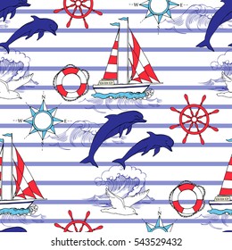 Nautical seamless pattern with ships and wheel, sailing boats,  dolphin and sea knots. Hand drawn elements for summer holidays.Travel, sea and ocean. Vector Illustration