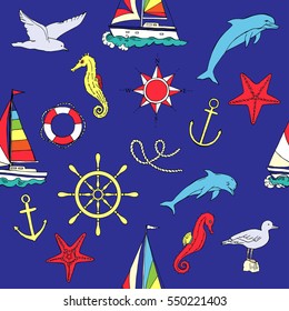 Nautical seamless pattern with ships and wheel, seahorse,  boats and dolphin. Hand drawn elements for summer holidays. Travel, marin and ocean. Vector Illustration