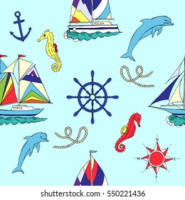 Nautical seamless pattern with ships and wheel, seahorse,  boats and dolphin. Hand drawn elements for summer holidays. Travel, marin and ocean. Vector Illustration