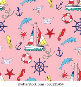 Nautical seamless pattern with ships and wheel, seahorse,  boats and dolphin. Hand drawn elements for summer holidays. Travel, marin and ocean. Vector Illustration