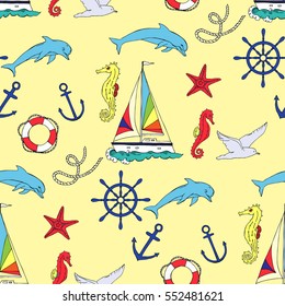 Nautical seamless pattern with ships and wheel, seahorse,  boats and dolphin. Hand drawn elements for summer holidays. Travel, marina and ocean. Vector Illustration