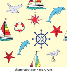 Nautical seamless pattern with ships and wheel. Hand drawn elements for summer holidays. Travel, marin and ocean. Vector Illustration