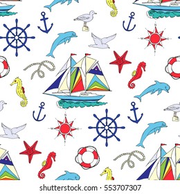 Nautical seamless pattern with ships and wheel. Hand drawn elements for summer holidays. Travel, marin and ocean. Vector Illustration