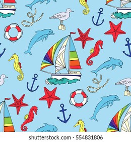 Nautical seamless pattern with ships and wheel. Hand drawn elements for summer holidays. Travel, marin and ocean. Vector Illustration
