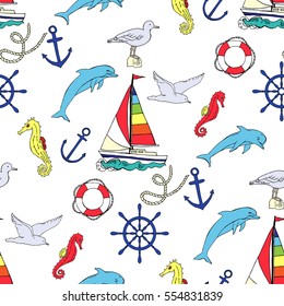 Nautical seamless pattern with ships and wheel. Hand drawn elements for summer holidays. Travel, marin and ocean. Vector Illustration