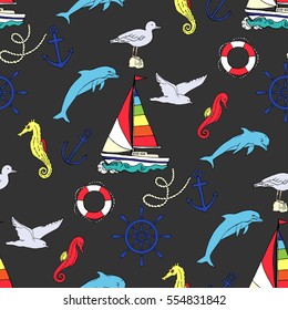 Nautical seamless pattern with ships and wheel. Hand drawn elements for summer holidays. Travel, marin and ocean. Vector Illustration