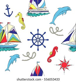 Nautical seamless pattern with ships and wheel. Hand drawn elements for summer holidays. Travel, marin and ocean. Vector Illustration