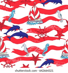 Nautical seamless pattern with ships and wheel, seahorse, sailing boats,  dolphins. Hand drawn elements for summer holidays.Travel, sea and ocean. Vector Illustration
