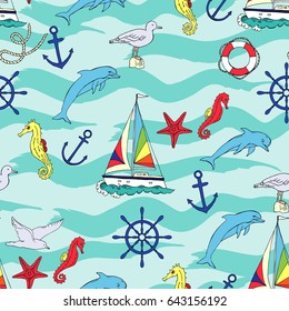 Nautical seamless pattern with ships and wheel, seahorse,  boats and dolphin. Hand drawn elements for summer holidays. Travel, marin and ocean. Vector Illustration