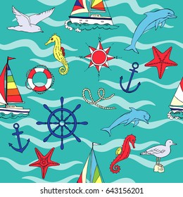 Nautical seamless pattern with ships and wheel, seahorse,  boats and dolphin. Hand drawn elements for summer holidays. Travel, marin and ocean. Vector Illustration