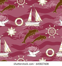 Nautical seamless pattern with ships and wheel, sailing boats,  dolphin and sea knots. Hand drawn elements for summer holidays.Travel, sea and ocean. Vector Illustration