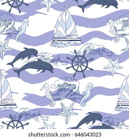 Nautical seamless pattern with ships and wheel, seahorse, sailing boats,  dolphins. Hand drawn elements for summer holidays.Travel, sea and ocean. Vector Illustration