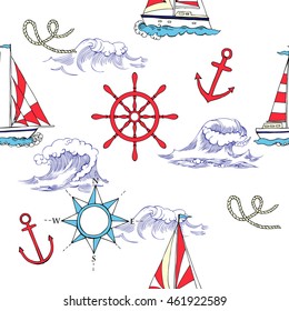 Nautical seamless pattern with ships and wheels. Hand drawn elements for summer holidays.Travel, sea and ocean. Vector Illustration