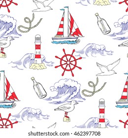Nautical seamless pattern with ships and wheels  sea knots. Hand drawn elements for summer holidays.Travel, sea and ocean. Vector Illustration