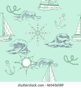 Nautical seamless pattern with ships and wheels. Hand drawn elements for summer holidays.Travel, sea and ocean. Vector Illustration