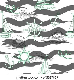 Nautical seamless pattern with ships and wheels. Hand drawn elements for summer holidays.Travel, sea and ocean. Vector Illustration