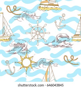 Nautical seamless pattern with ships and wheels. Hand drawn elements for summer holidays.Travel, sea and ocean. Vector Illustration