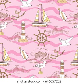 Nautical seamless pattern with ships and wheels  sea knots. Hand drawn elements for summer holidays.Travel, sea and ocean. Vector Illustration