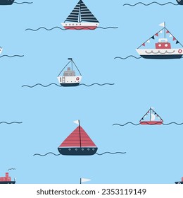 Nautical seamless pattern with ships and yachts on blue background. Modern design for clothes, fabric, paper, cover, interior decoration, wallpaper. Vector texture. EPS 10.