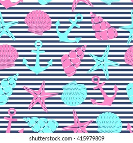 Nautical seamless pattern with starfish, shell, anchor. Cute marine life Background. Baby shower vector illustration. Sea theme. Design for fabric and decor.